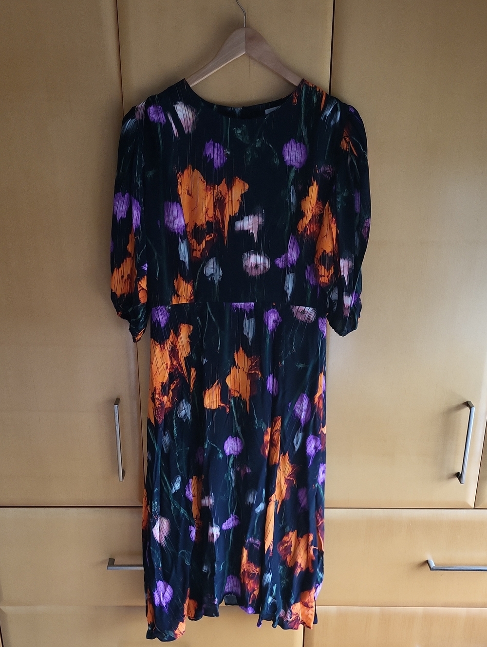 ASOS Black Midi Dress with Orange and Purple Floral Motif Sz 12